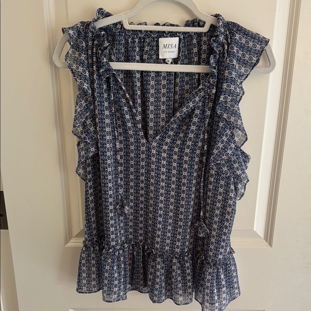 Misa Los Angeles Blue and White Ruffled Peplum Blouse
